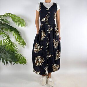 Vintage 90s Black Floral Boho Cottagecore Sleeveless Button Maxi Dress / Small